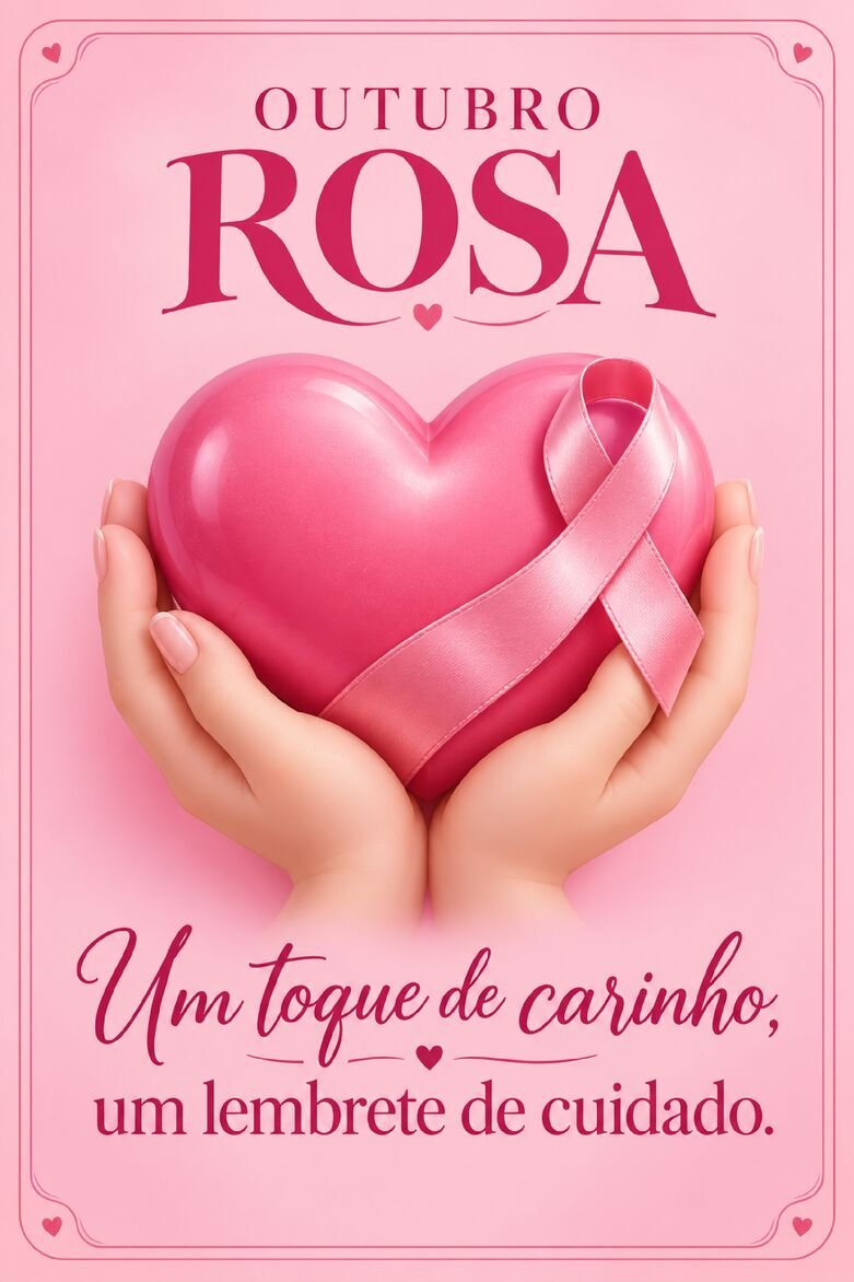 Cartão Outubro Rosa com duas mãos segurando coração rosa brilhante envolvido por fita de conscientização